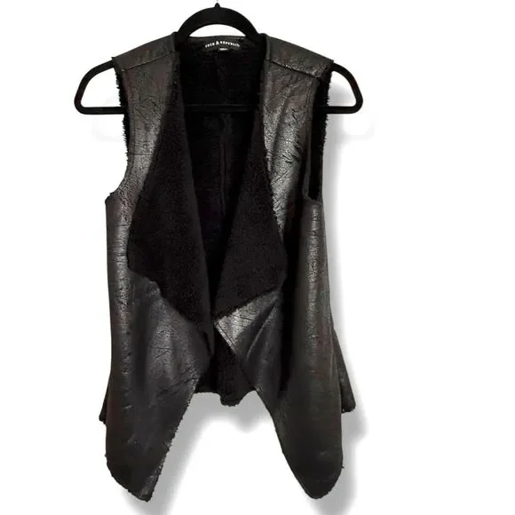 Rock & Republic Black Faux Leather Vest Open Front Sherpa Lined Women's Size XS - Picture 1 of 6